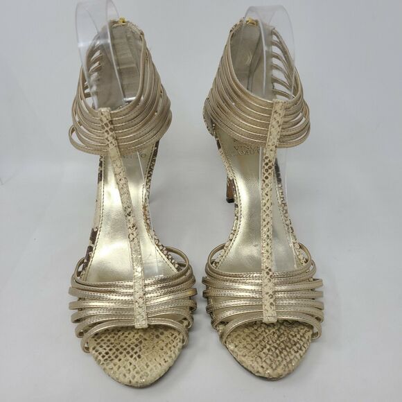 Vince Camuto Champagne Tan Snake-Embossed Leather Ankle Strap Stiletto Heel 8.5 - Picture 2 of 7